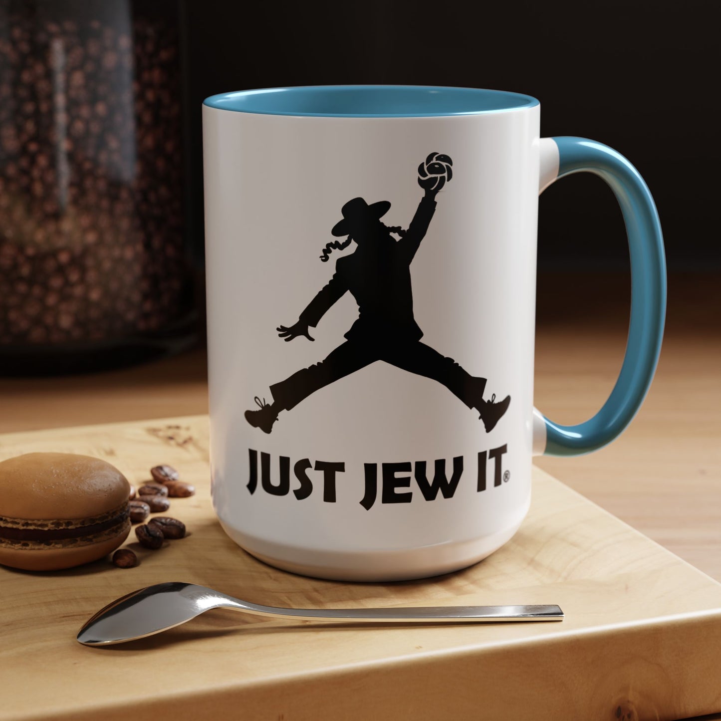 Just Jew It® Funny Rabbi Dunking Challa Bread Accent Mug, Jewish Humor Coffee Cup, Just Jew It Gift, 11, 15oz, Tea Mug, Ceramic Mug, Kitchen