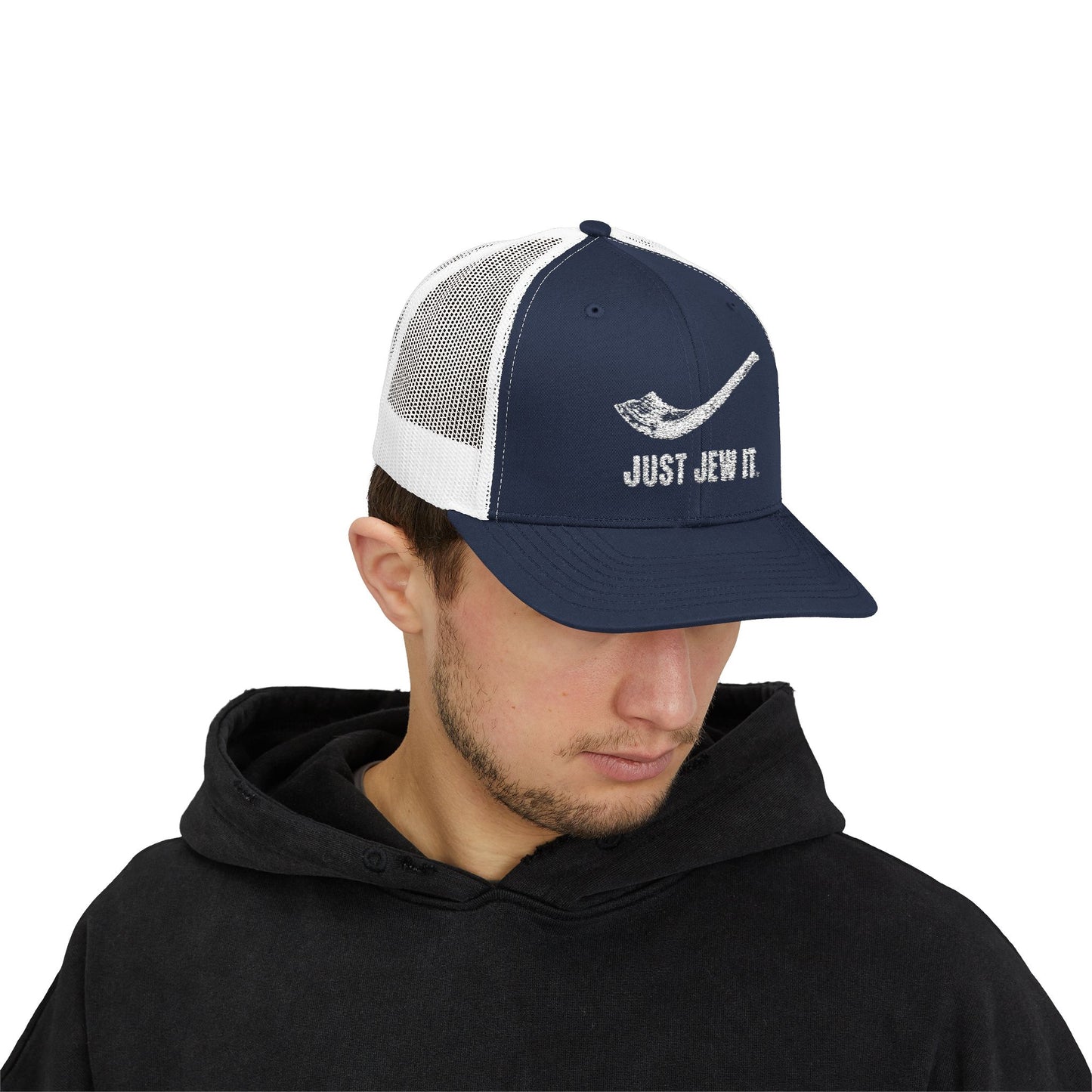 Embroidered Just Jew It® Official Snapback Trucker Cap - Stylish Mesh Hat for Jewish Culture & Pride