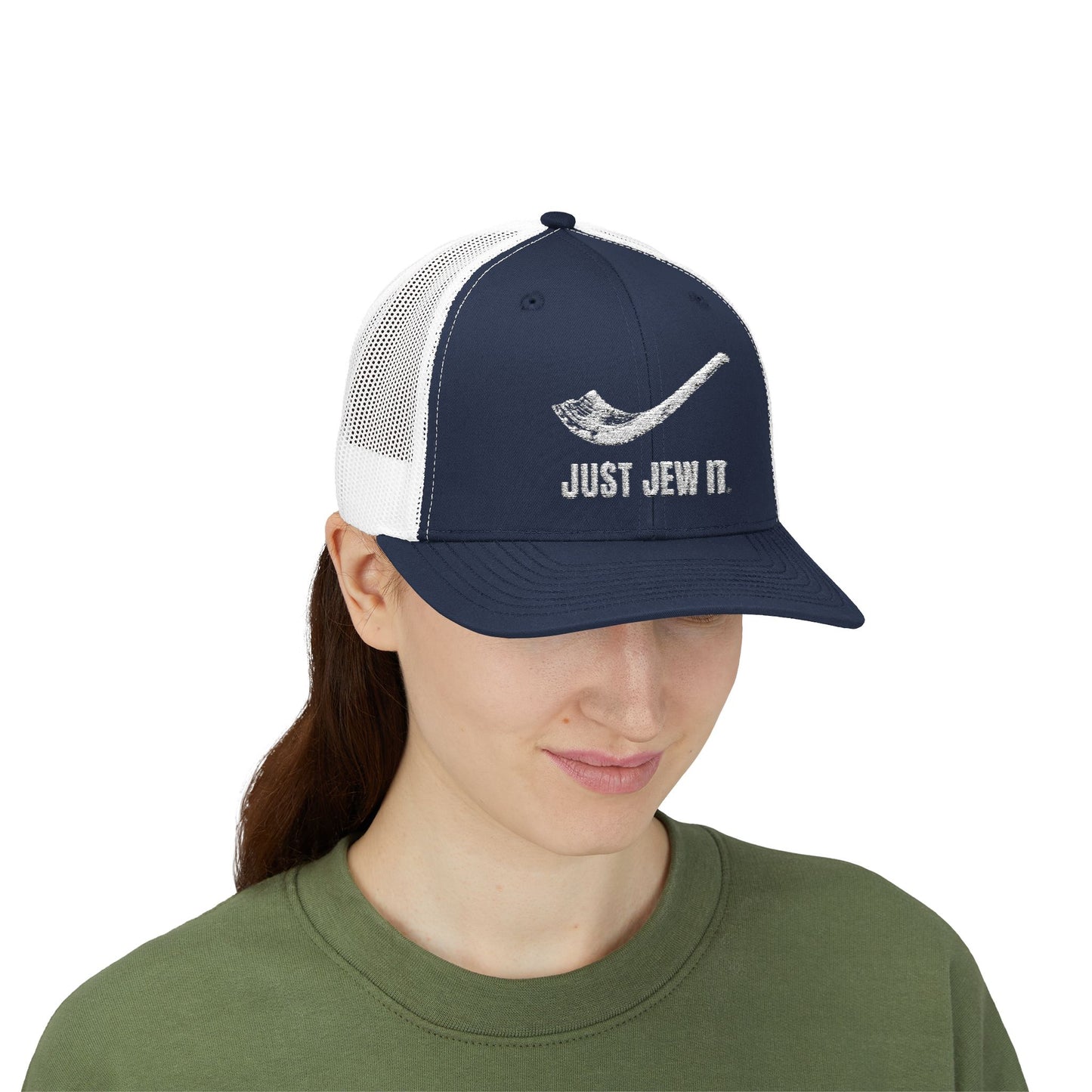 Embroidered Just Jew It® Official Snapback Trucker Cap - Stylish Mesh Hat for Jewish Culture & Pride