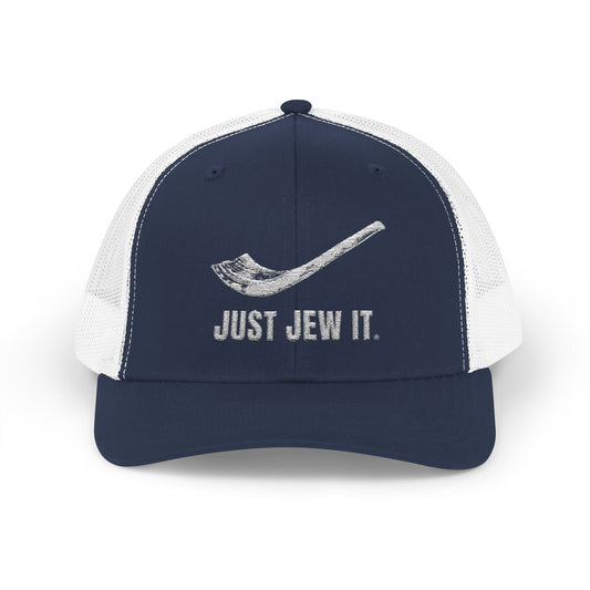 Embroidered Just Jew It® Official Snapback Trucker Cap - Stylish Mesh Hat for Jewish Culture & Pride