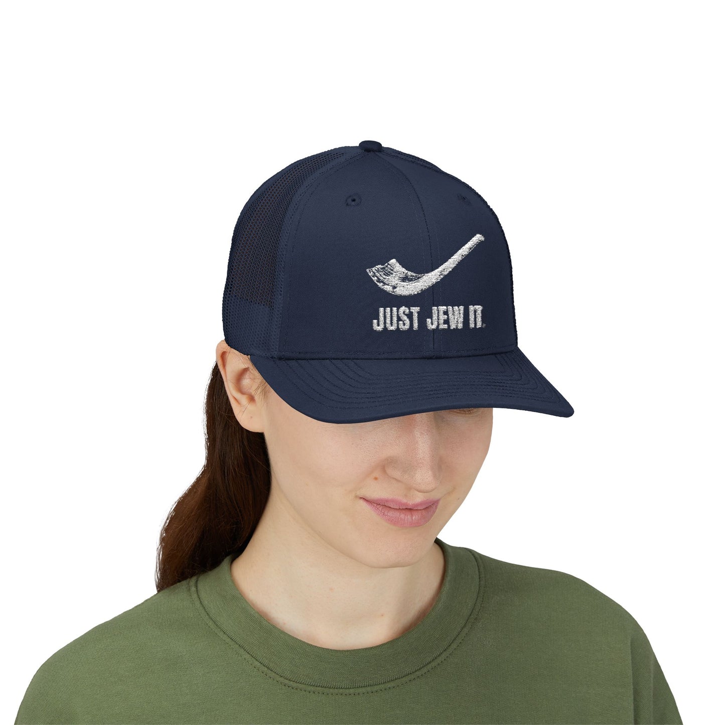 Embroidered Just Jew It® Official Snapback Trucker Cap - Stylish Mesh Hat for Jewish Culture & Pride