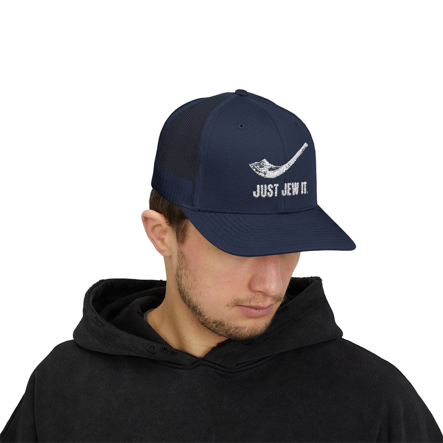 Embroidered Just Jew It® Official Snapback Trucker Cap - Stylish Mesh Hat for Jewish Culture & Pride