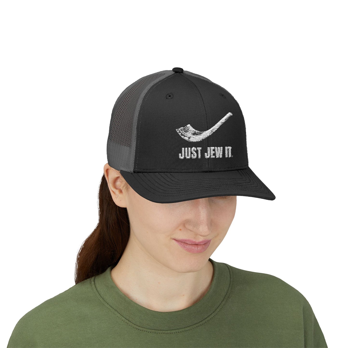 Embroidered Just Jew It® Official Snapback Trucker Cap - Stylish Mesh Hat for Jewish Culture & Pride