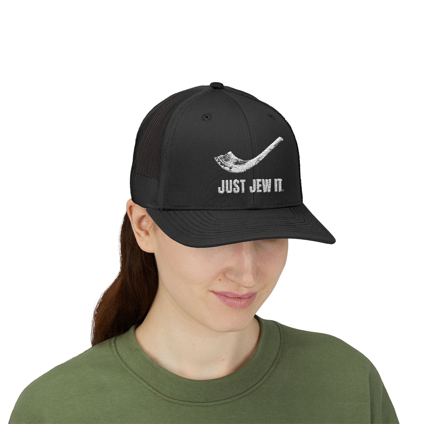 Embroidered Just Jew It® Official Snapback Trucker Cap - Stylish Mesh Hat for Jewish Culture & Pride