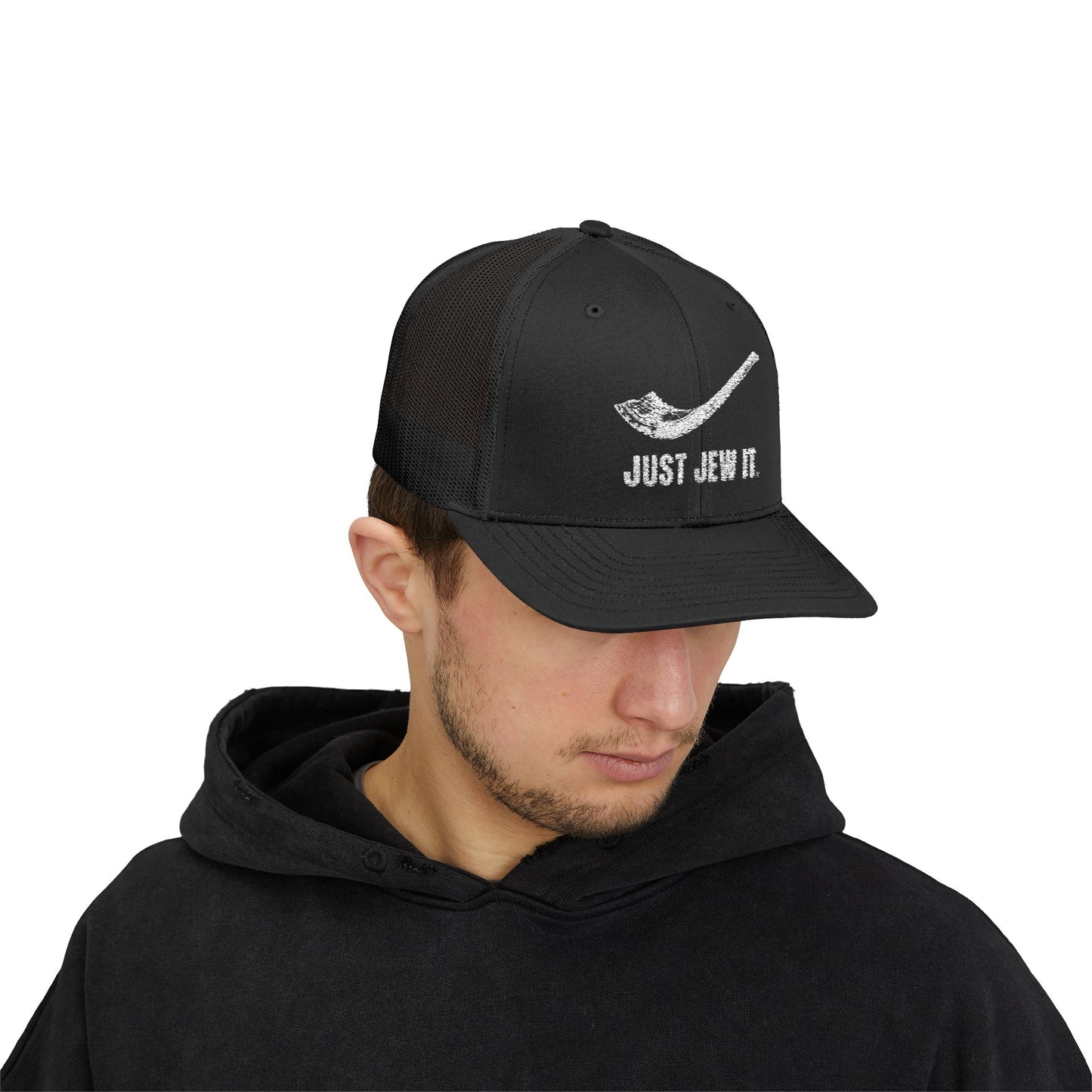 Embroidered Just Jew It® Official Snapback Trucker Cap - Stylish Mesh Hat for Jewish Culture & Pride
